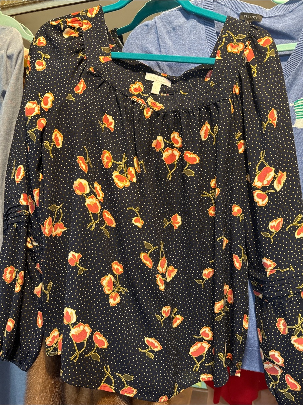 LC Lauren Conrad Black Blouse with Red Floral Print